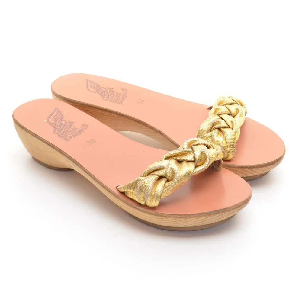 Ancient Greek Sandals Gold Braided Wooden Slides 39
